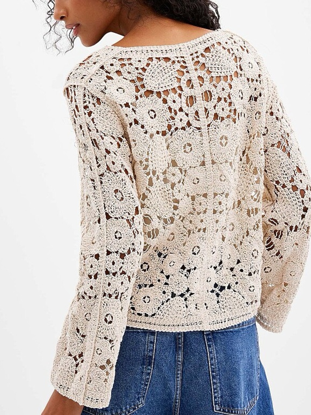 Cream Crochet Openwork Button-Front Women's Sweater Cardigan